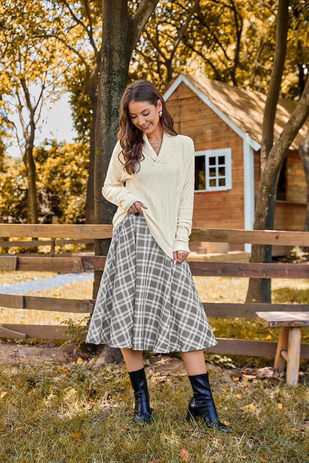 Belle Poque Vintage Plaid Skirt for Women High Waisted Midi A-line Skirts Pleated Skirt with Pockets