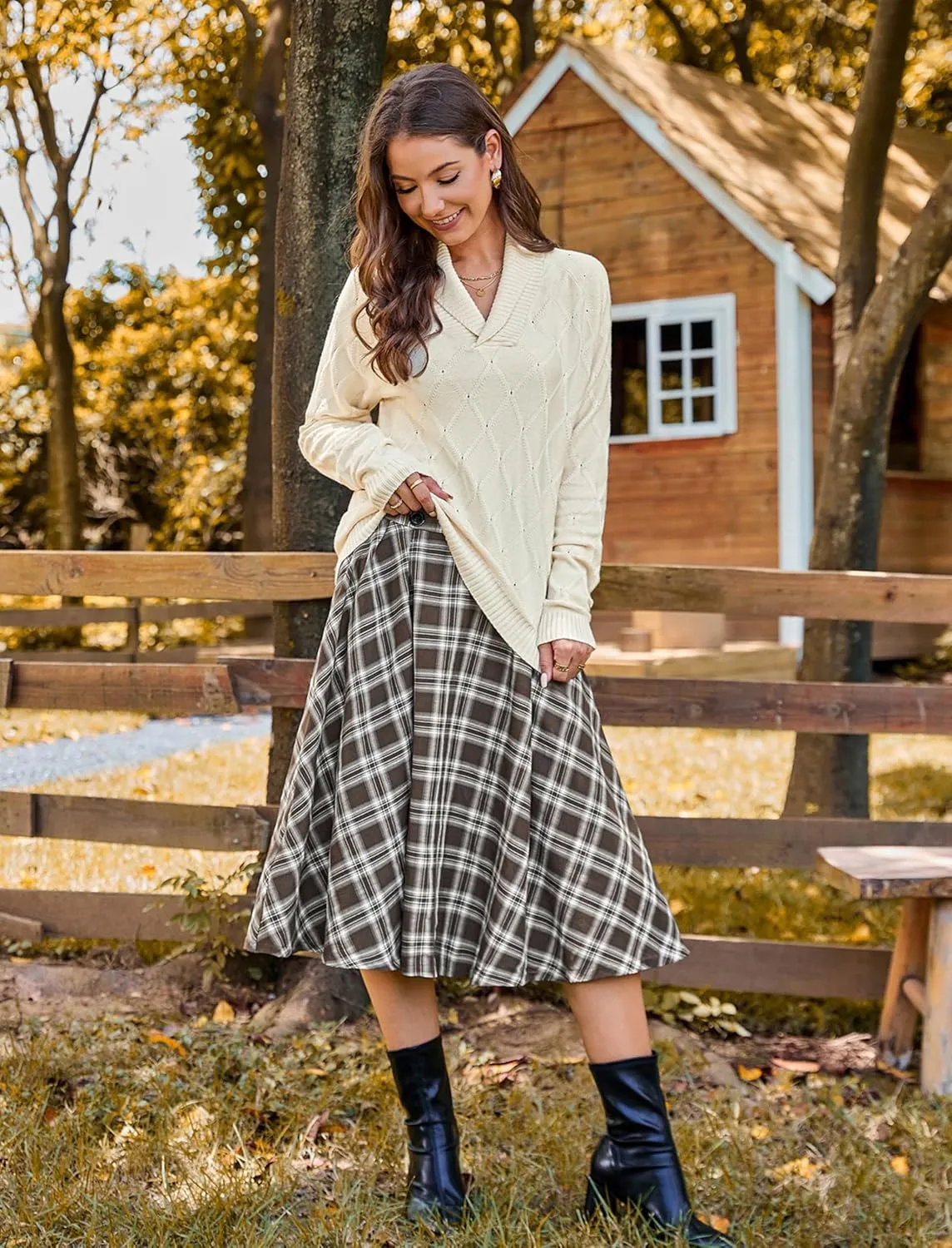 Belle Poque Vintage Plaid Skirt for Women High Waisted Midi A-line Skirts Pleated Skirt with Pockets