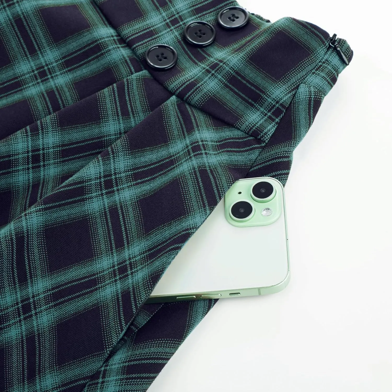 Belle Poque Vintage Plaid Skirt for Women High Waisted Midi A-line Skirts Pleated Skirt with Pockets
