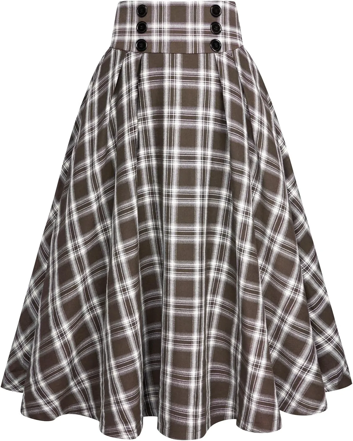 Belle Poque Vintage Plaid Skirt for Women High Waisted Midi A-line Skirts Pleated Skirt with Pockets