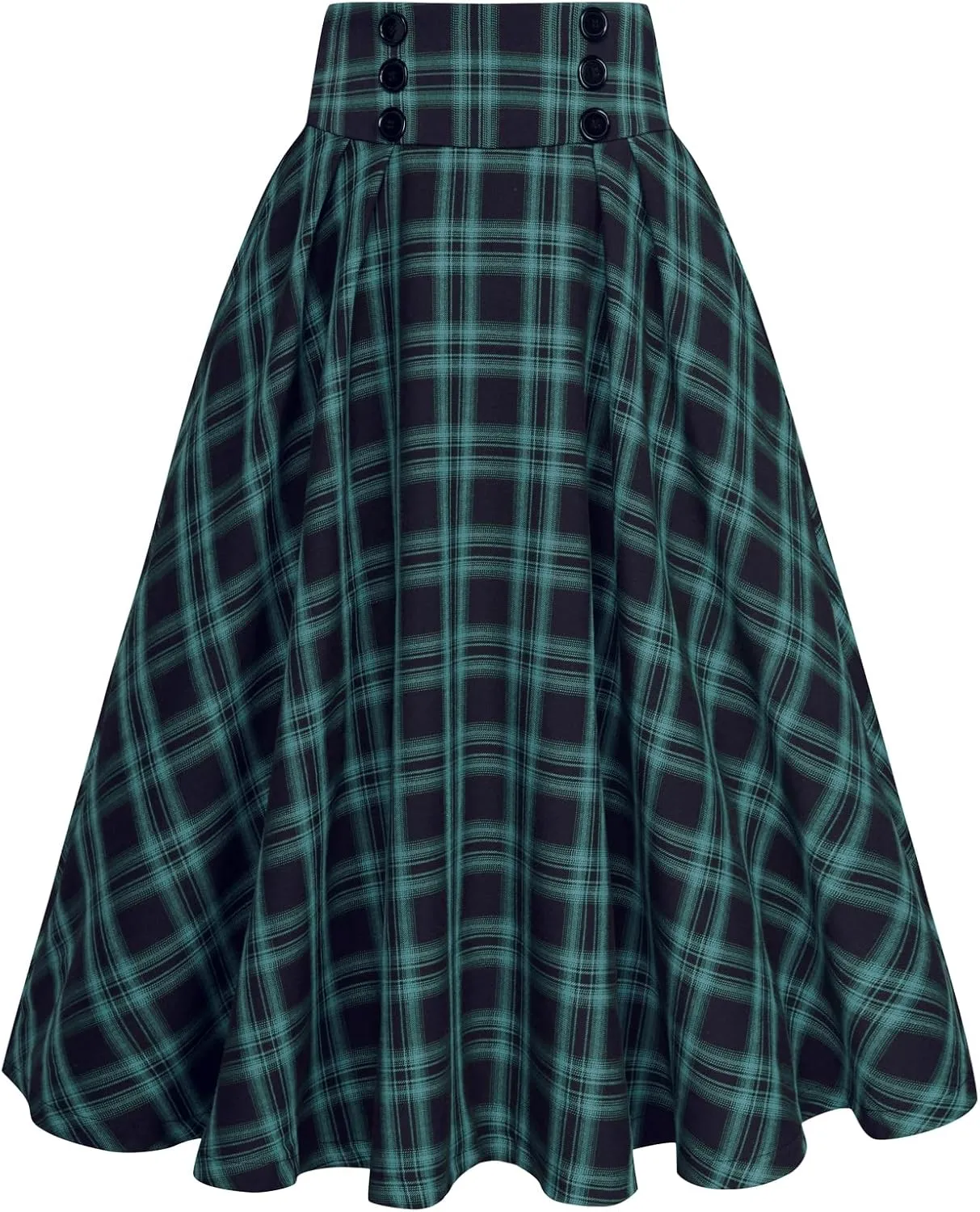 Belle Poque Vintage Plaid Skirt for Women High Waisted Midi A-line Skirts Pleated Skirt with Pockets
