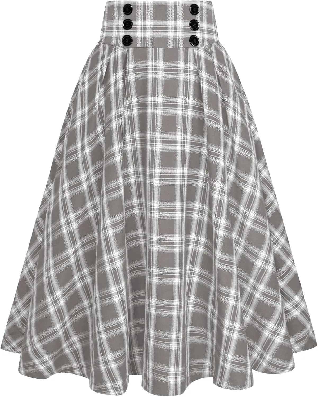 Belle Poque Vintage Plaid Skirt for Women High Waisted Midi A-line Skirts Pleated Skirt with Pockets