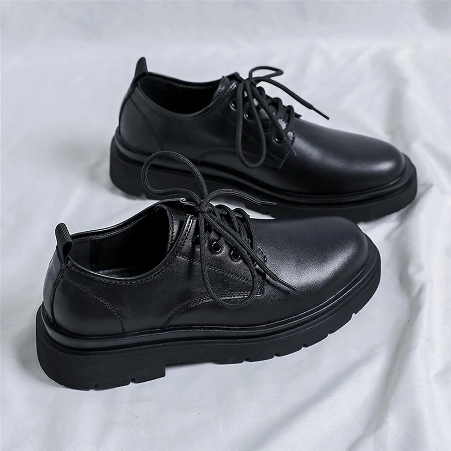 Big Round Toe Oxfords for Men Dress Platform Shoes Lace up Style Genuine Leather Low Top Boots Strong Anti-Skid Thick Rubber Sole Formal Men