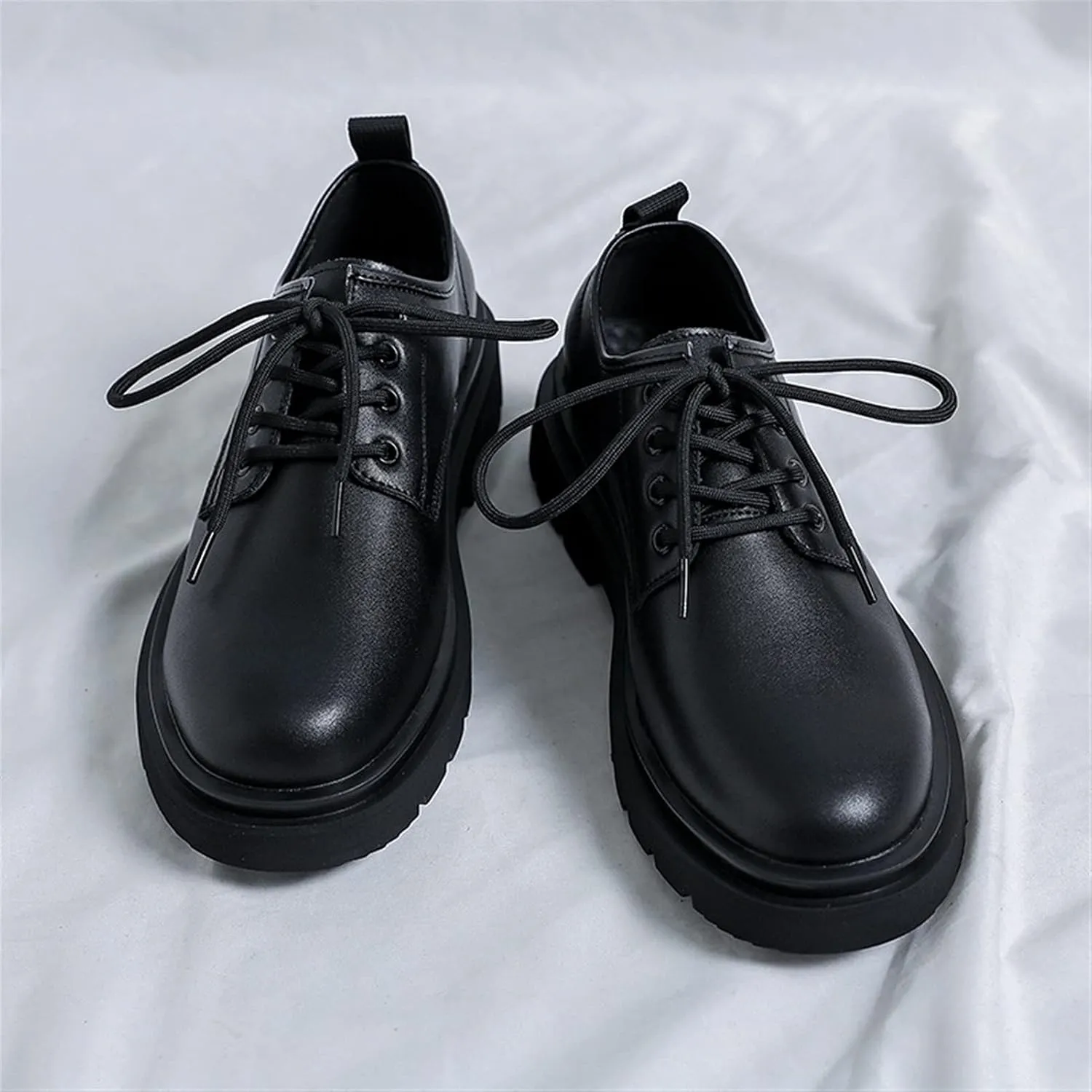 Big Round Toe Oxfords for Men Dress Platform Shoes Lace up Style Genuine Leather Low Top Boots Strong Anti-Skid Thick Rubber Sole Formal Men