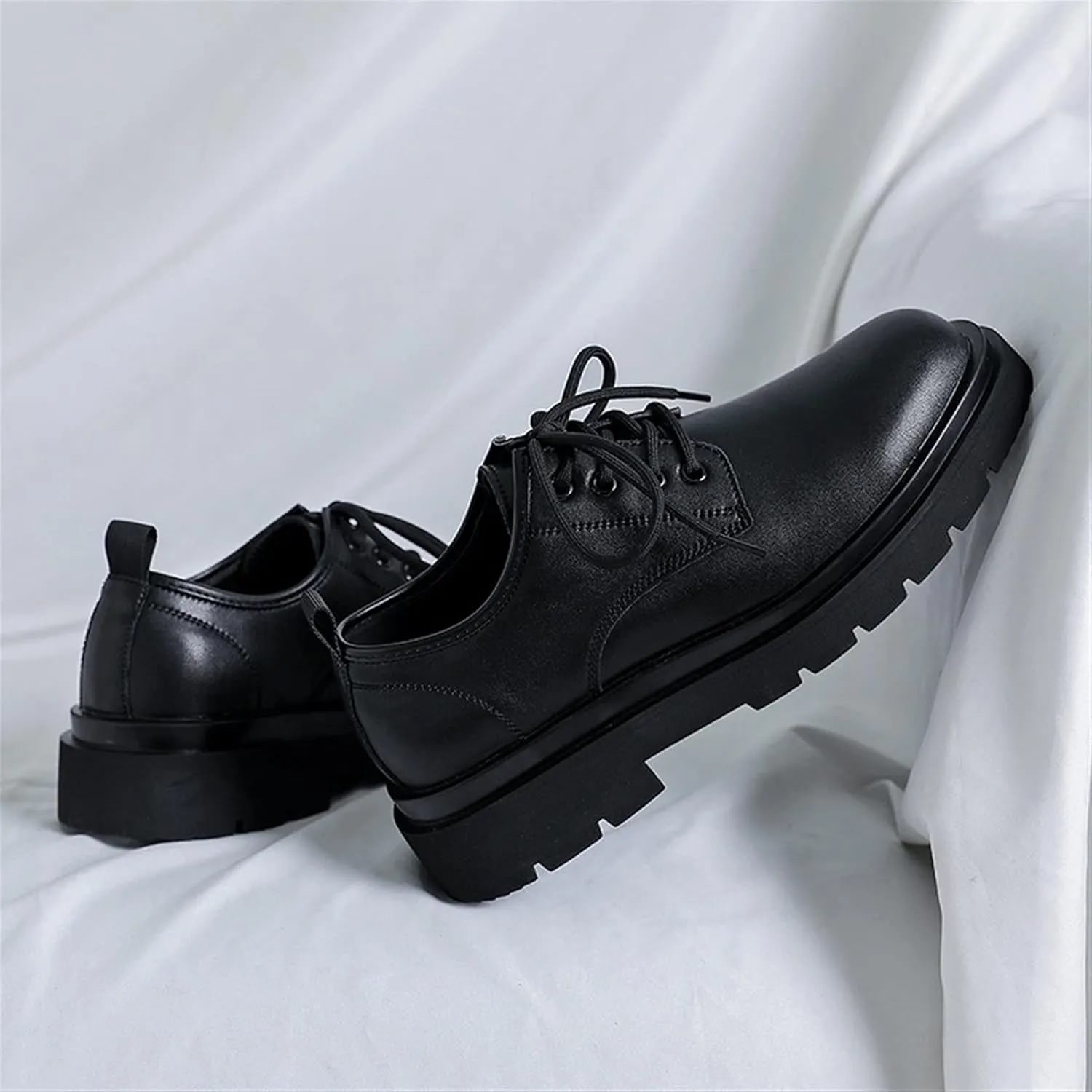 Big Round Toe Oxfords for Men Dress Platform Shoes Lace up Style Genuine Leather Low Top Boots Strong Anti-Skid Thick Rubber Sole Formal Men