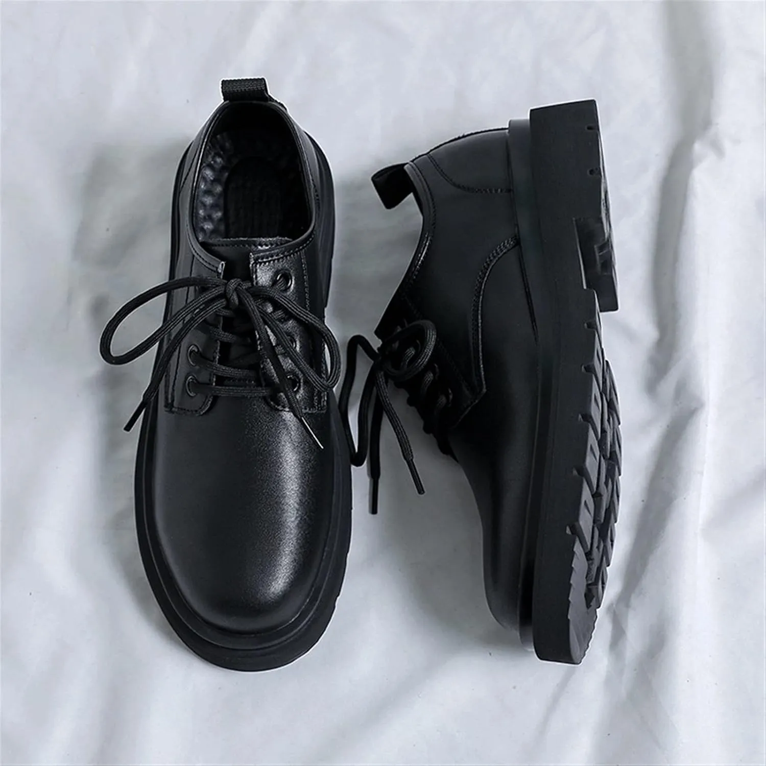 Big Round Toe Oxfords for Men Dress Platform Shoes Lace up Style Genuine Leather Low Top Boots Strong Anti-Skid Thick Rubber Sole Formal Men