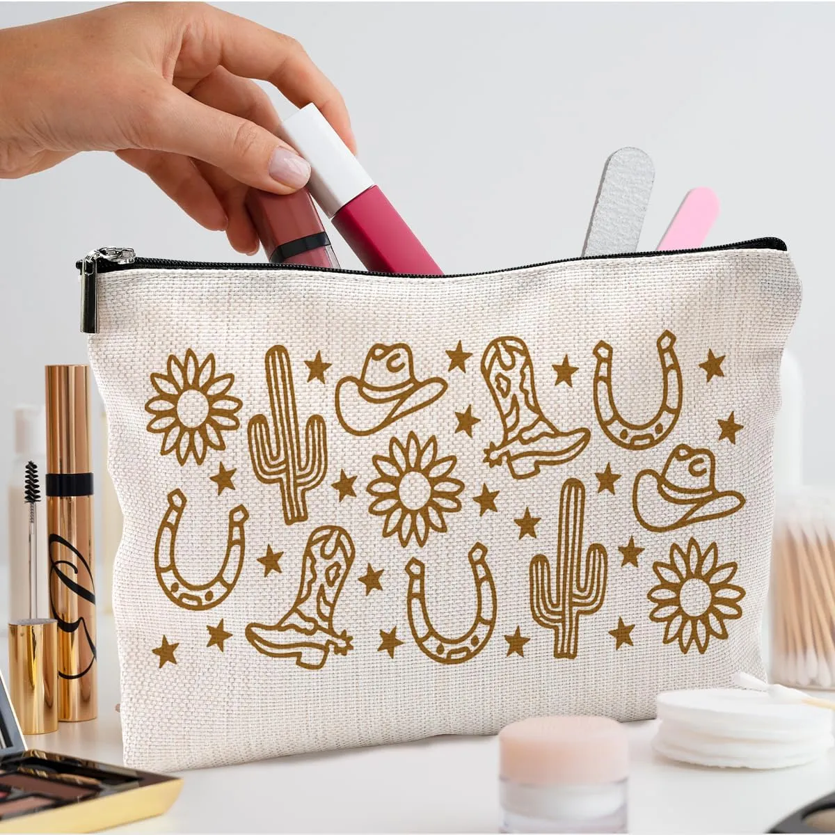 Boho Western Makeup Bag, Western Gifts for Women, Cowgirl Gifts, Western Stuff for Women, Cowgirl Stuff, Western Cowboy Boots Cactus Makeup Cosmetic Bag for Purse