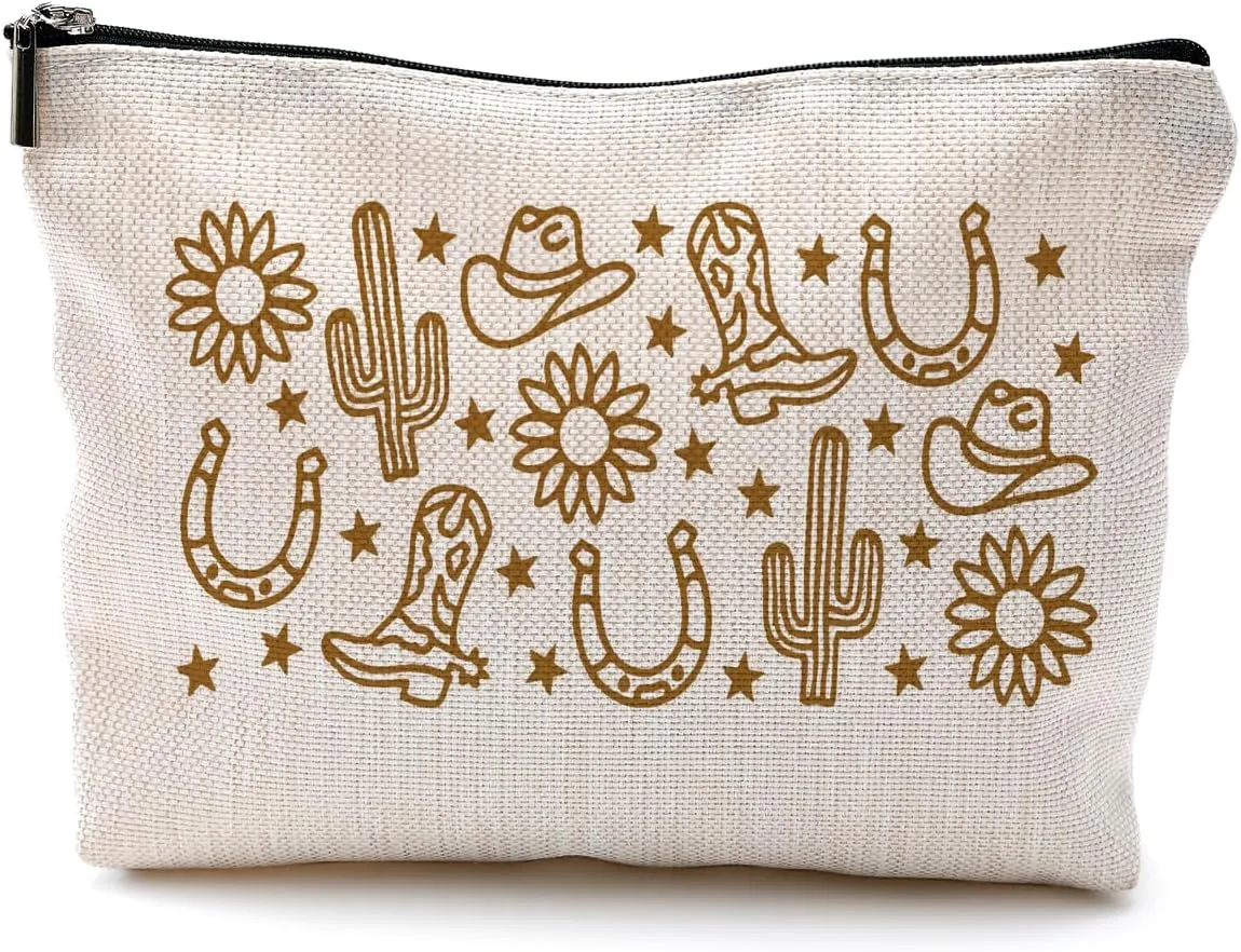 Boho Western Makeup Bag, Western Gifts for Women, Cowgirl Gifts, Western Stuff for Women, Cowgirl Stuff, Western Cowboy Boots Cactus Makeup Cosmetic Bag for Purse