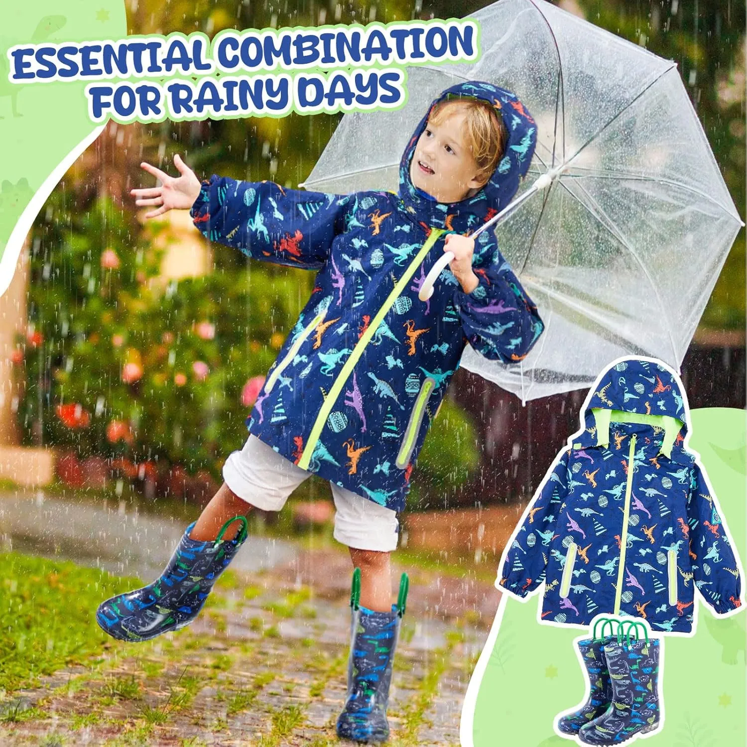 Boys Kids Rain Jacket and Boots Set Dinosaur Rain Coat with Detachable Hood Windbreaker for Toddler Water Windproof