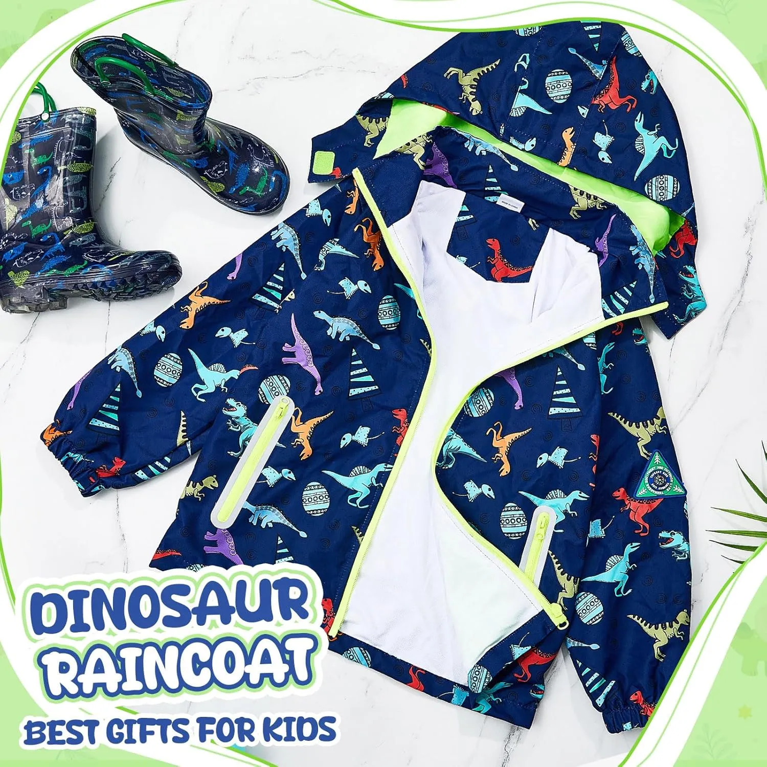Boys Kids Rain Jacket and Boots Set Dinosaur Rain Coat with Detachable Hood Windbreaker for Toddler Water Windproof