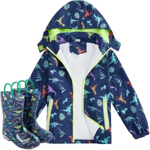 Boys Kids Rain Jacket and Boots Set Dinosaur Rain Coat with Detachable Hood Windbreaker for Toddler Water Windproof