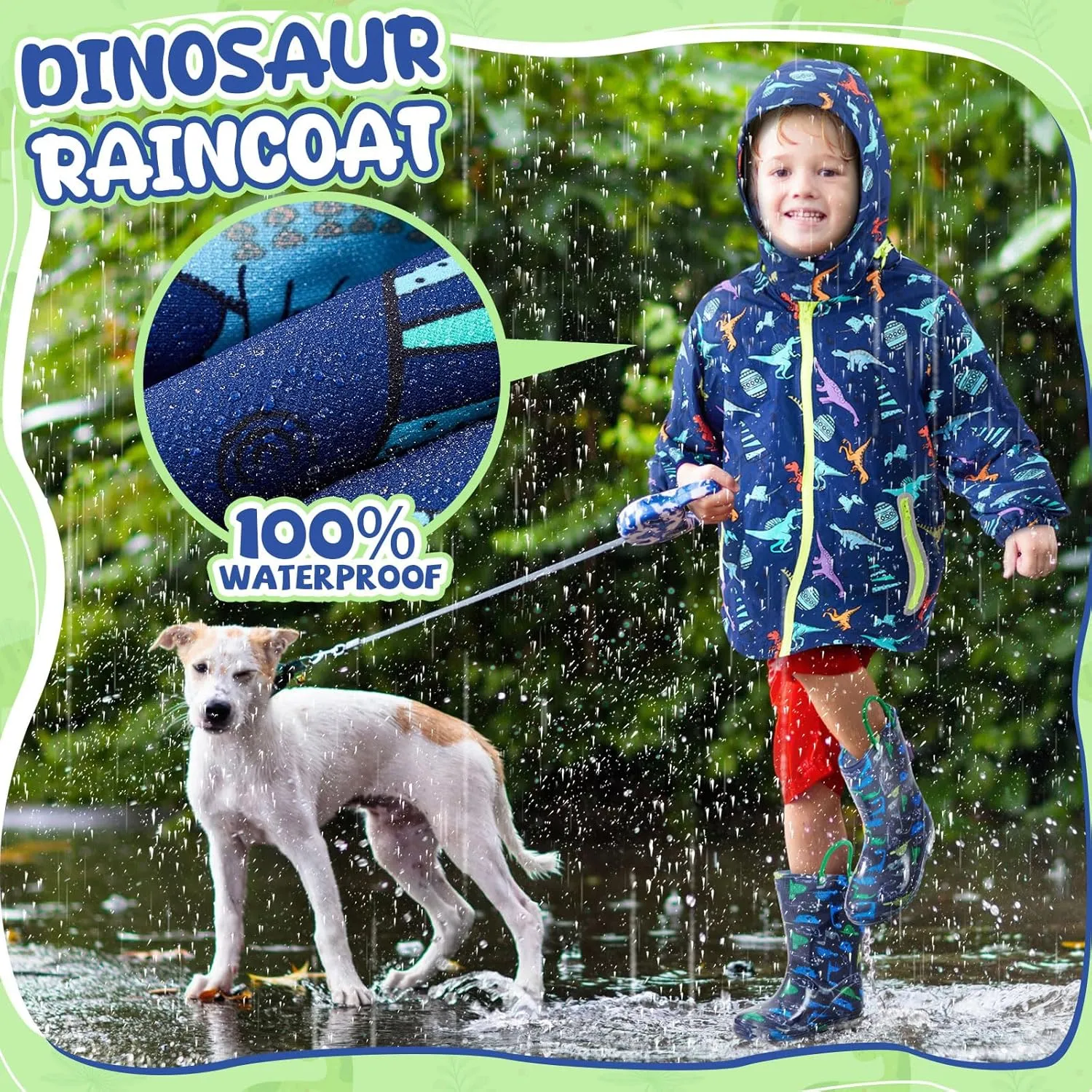 Boys Kids Rain Jacket and Boots Set Dinosaur Rain Coat with Detachable Hood Windbreaker for Toddler Water Windproof