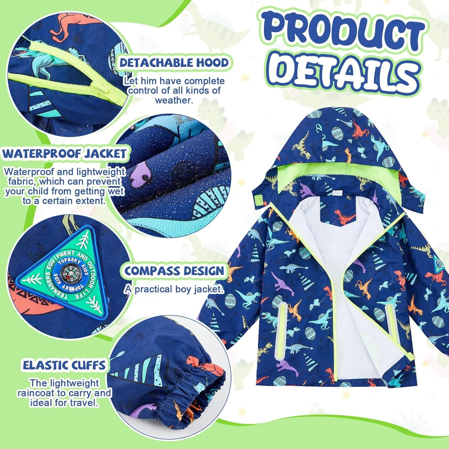 Boys Kids Rain Jacket and Boots Set Dinosaur Rain Coat with Detachable Hood Windbreaker for Toddler Water Windproof