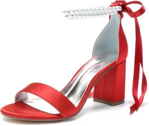 Bridal Shoes 8CM Block Heels Pumps Bowknot Strap Bride Wedding Open Toe Pearl Ankle Buckle Sandals Beaded Party Satin Dress Evening