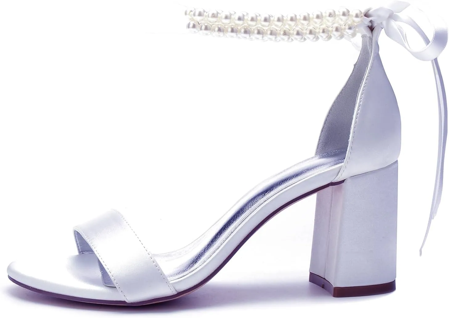 Bridal Shoes 8CM Block Heels Pumps Bowknot Strap Bride Wedding Open Toe Pearl Ankle Buckle Sandals Beaded Party Satin Dress Evening