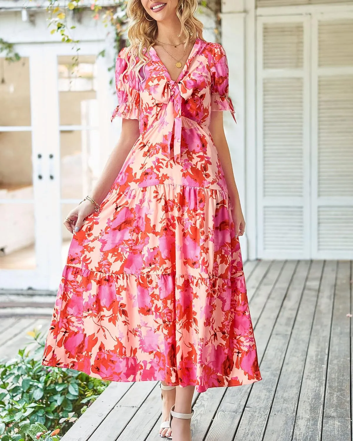 BTFBM 2025 Womens Summer Boho Dress Tie Front Deep V Neck Cutout Short Sleeve Casual Party Floral Beach Maxi Dresses