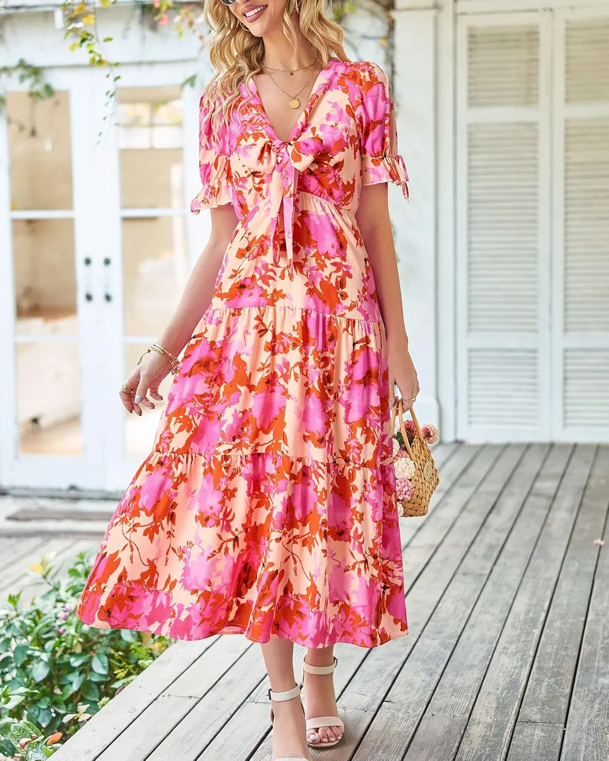 BTFBM 2025 Womens Summer Boho Dress Tie Front Deep V Neck Cutout Short Sleeve Casual Party Floral Beach Maxi Dresses