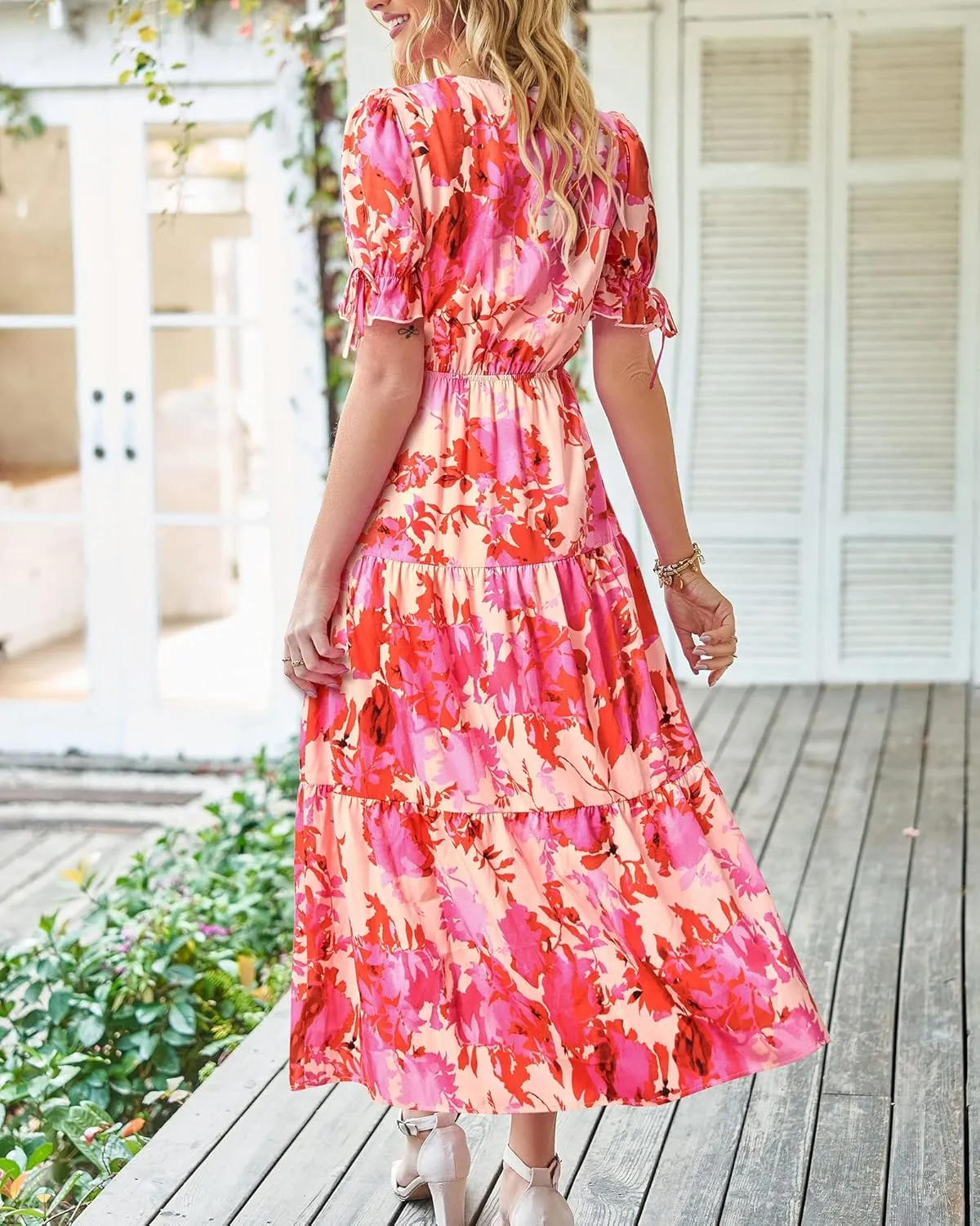 BTFBM 2025 Womens Summer Boho Dress Tie Front Deep V Neck Cutout Short Sleeve Casual Party Floral Beach Maxi Dresses