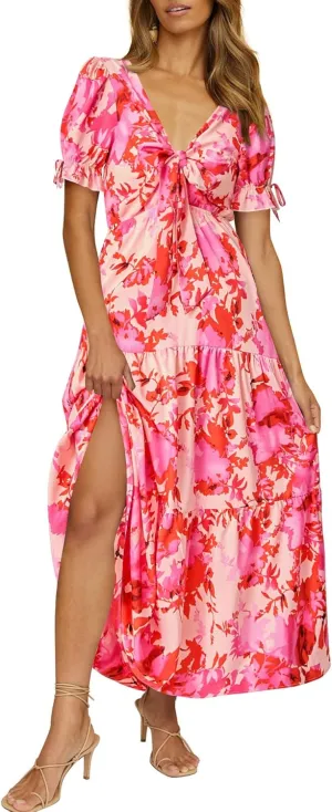 BTFBM 2025 Womens Summer Boho Dress Tie Front Deep V Neck Cutout Short Sleeve Casual Party Floral Beach Maxi Dresses