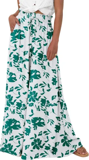 BTFBM Women Casual High Waist Wide Leg Pants Summer Floral Solid Long Palazzo Pants Lounge Beach Trousers with Pocket