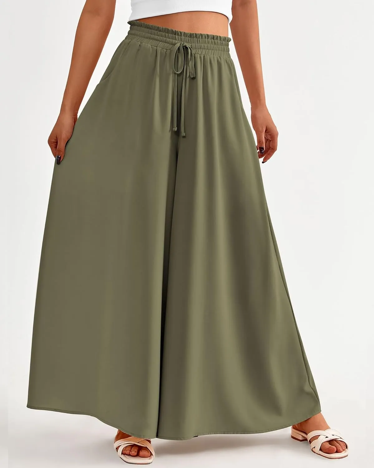 BTFBM Women Casual High Waist Wide Leg Pants Summer Floral Solid Long Palazzo Pants Lounge Beach Trousers with Pocket