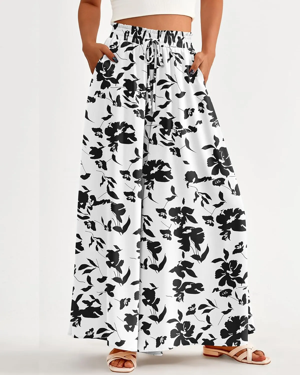BTFBM Women Casual High Waist Wide Leg Pants Summer Floral Solid Long Palazzo Pants Lounge Beach Trousers with Pocket
