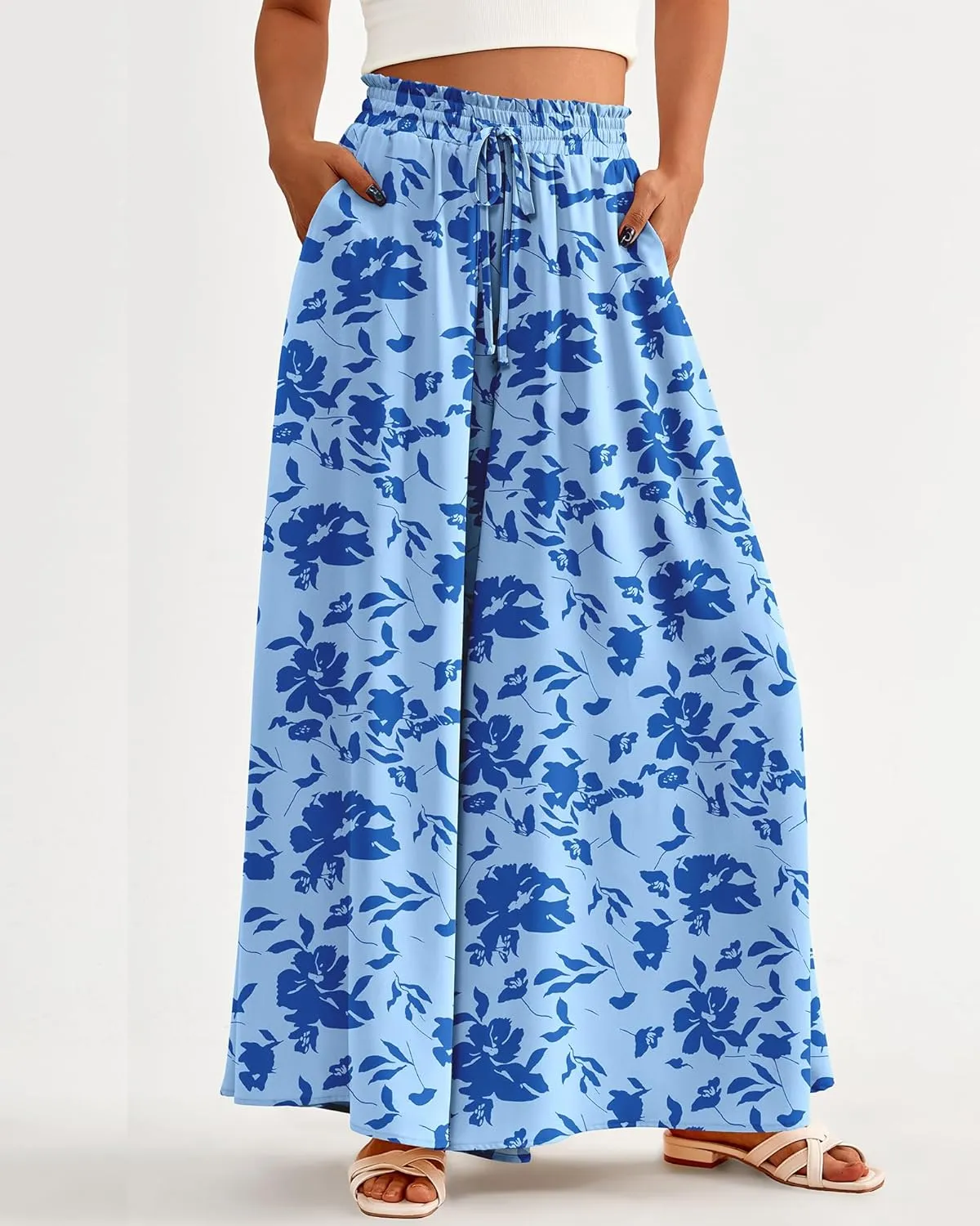BTFBM Women Casual High Waist Wide Leg Pants Summer Floral Solid Long Palazzo Pants Lounge Beach Trousers with Pocket
