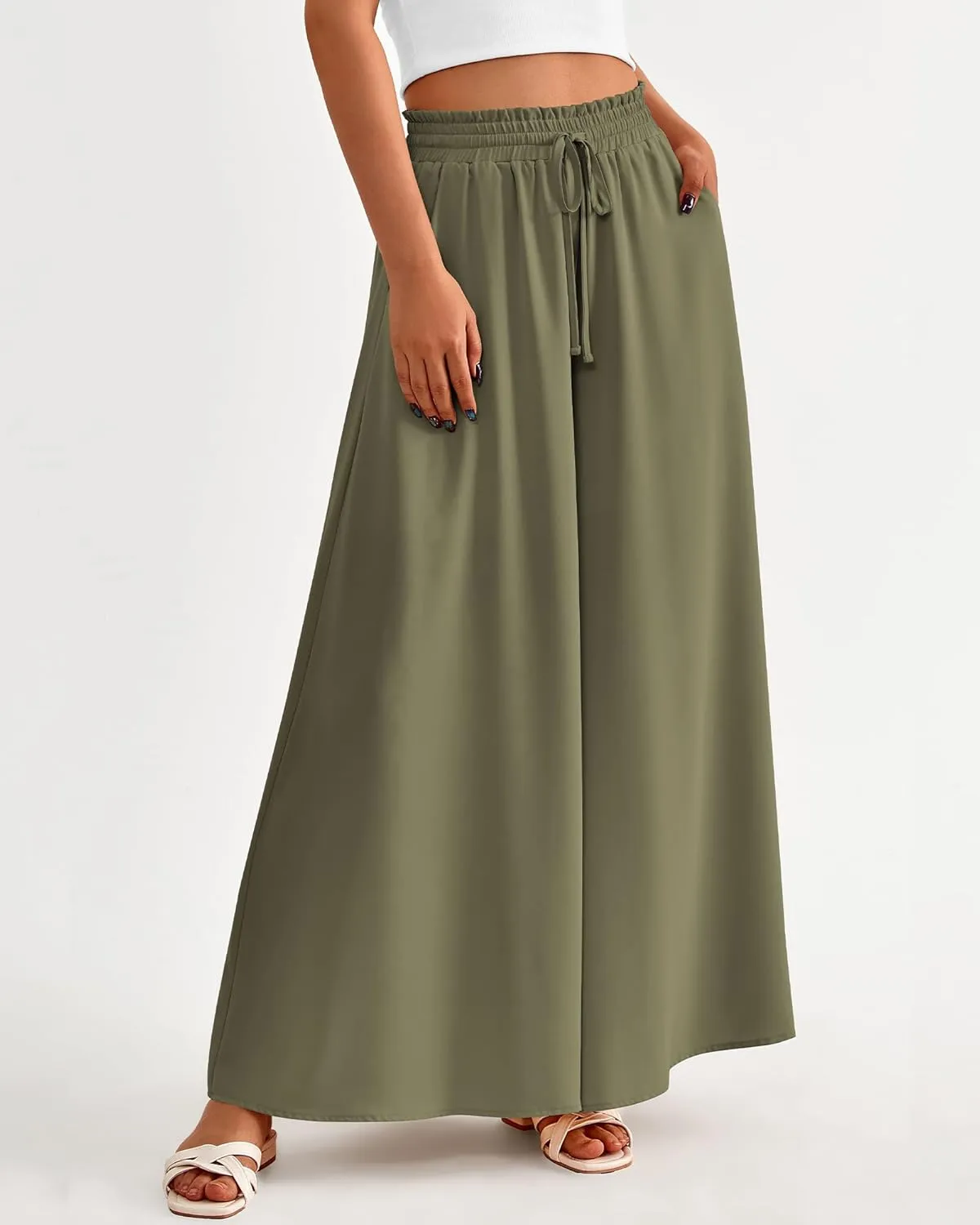 BTFBM Women Casual High Waist Wide Leg Pants Summer Floral Solid Long Palazzo Pants Lounge Beach Trousers with Pocket