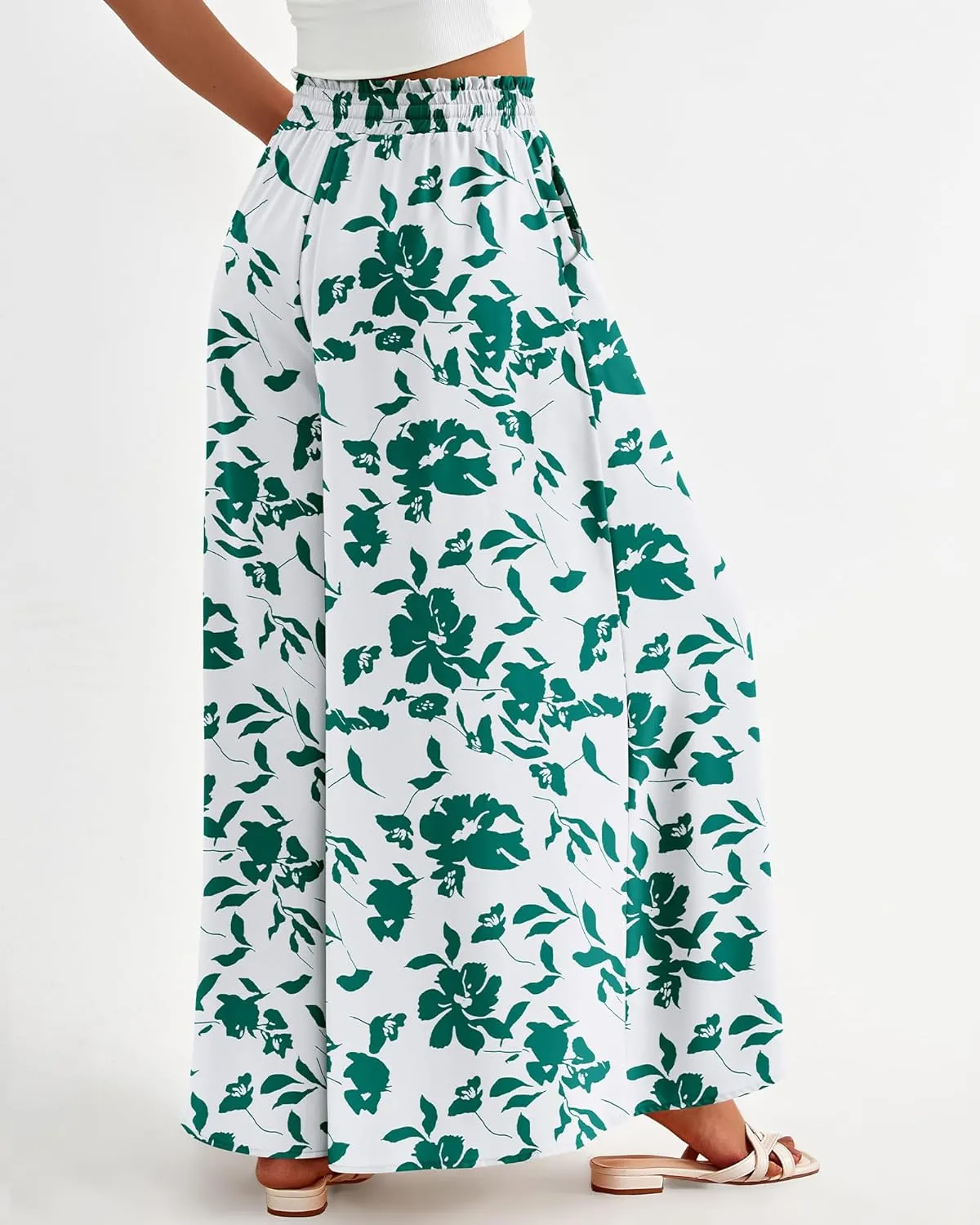 BTFBM Women Casual High Waist Wide Leg Pants Summer Floral Solid Long Palazzo Pants Lounge Beach Trousers with Pocket