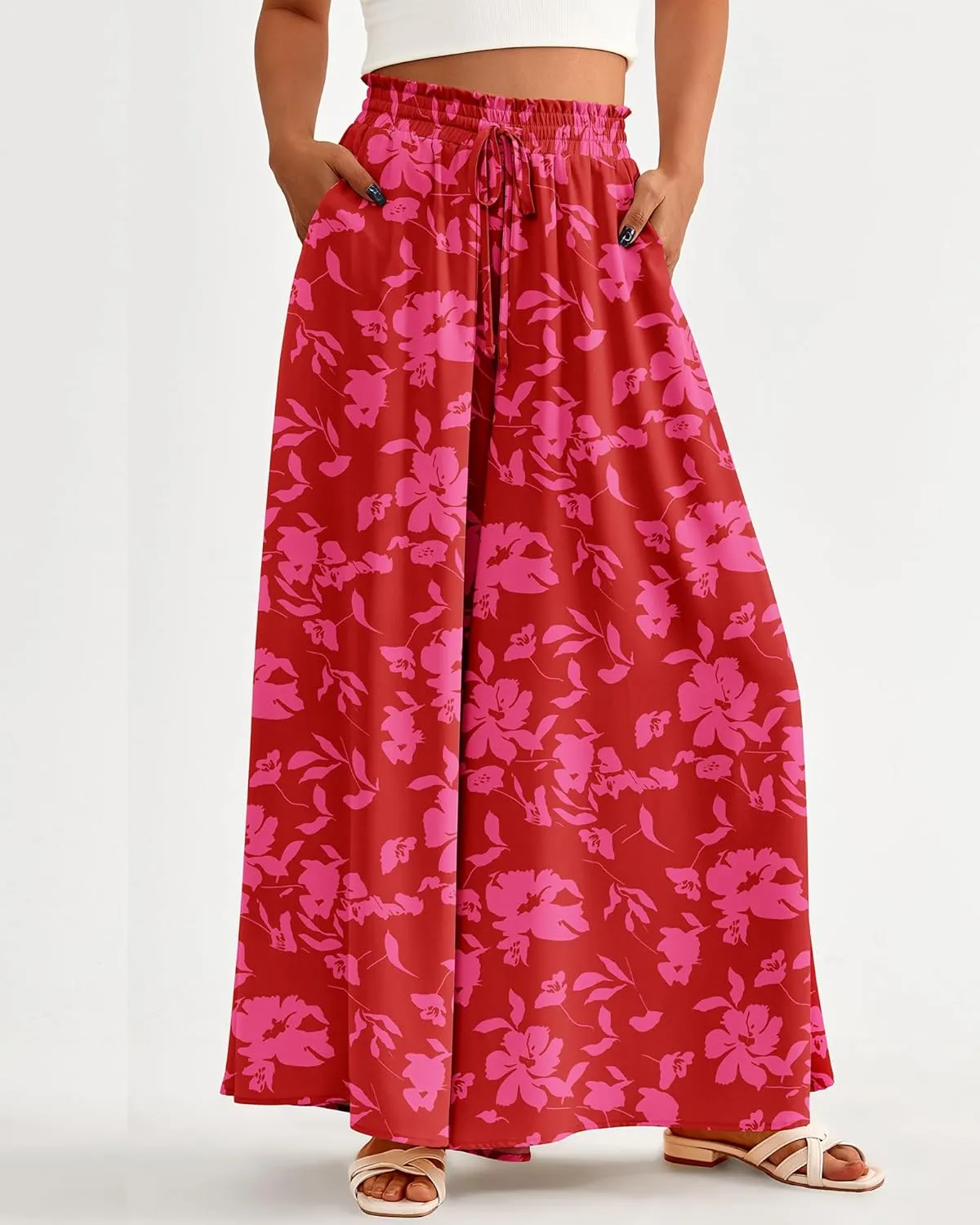 BTFBM Women Casual High Waist Wide Leg Pants Summer Floral Solid Long Palazzo Pants Lounge Beach Trousers with Pocket