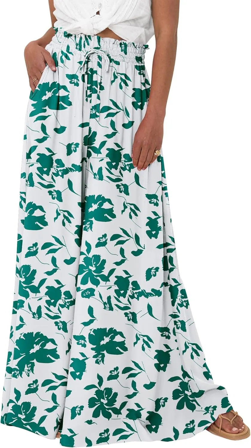 BTFBM Women Casual High Waist Wide Leg Pants Summer Floral Solid Long Palazzo Pants Lounge Beach Trousers with Pocket