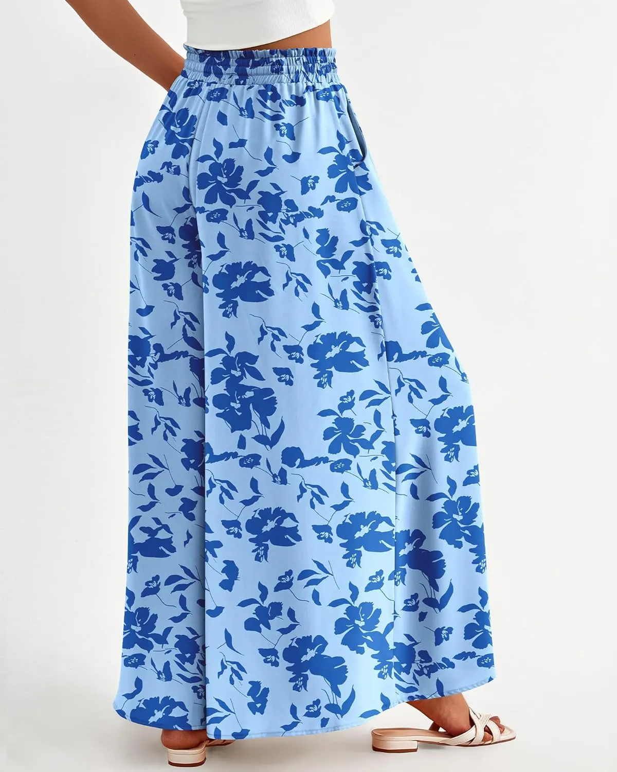 BTFBM Women Casual High Waist Wide Leg Pants Summer Floral Solid Long Palazzo Pants Lounge Beach Trousers with Pocket