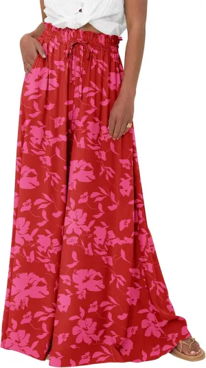 BTFBM Women Casual High Waist Wide Leg Pants Summer Floral Solid Long Palazzo Pants Lounge Beach Trousers with Pocket