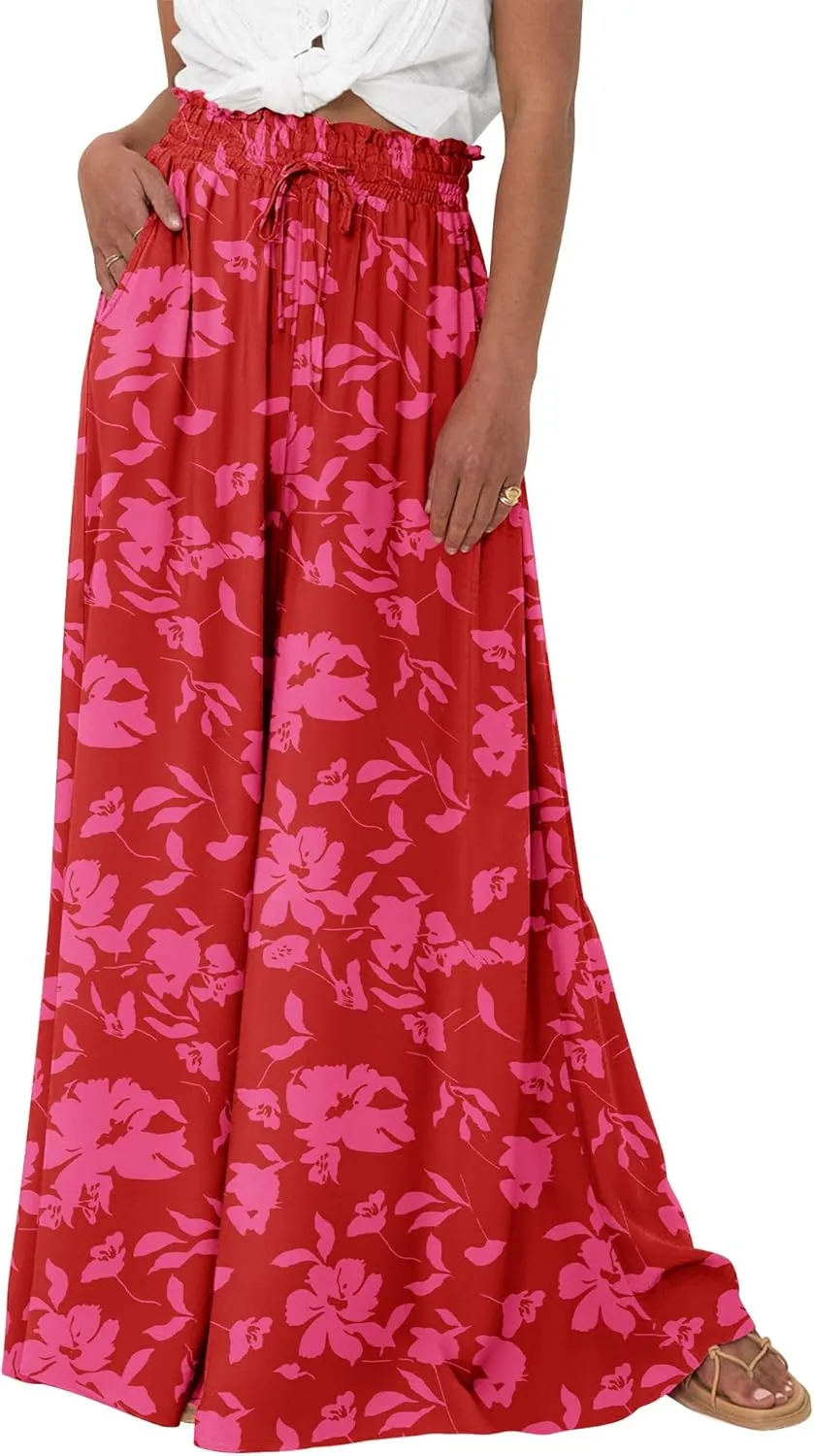 BTFBM Women Casual High Waist Wide Leg Pants Summer Floral Solid Long Palazzo Pants Lounge Beach Trousers with Pocket