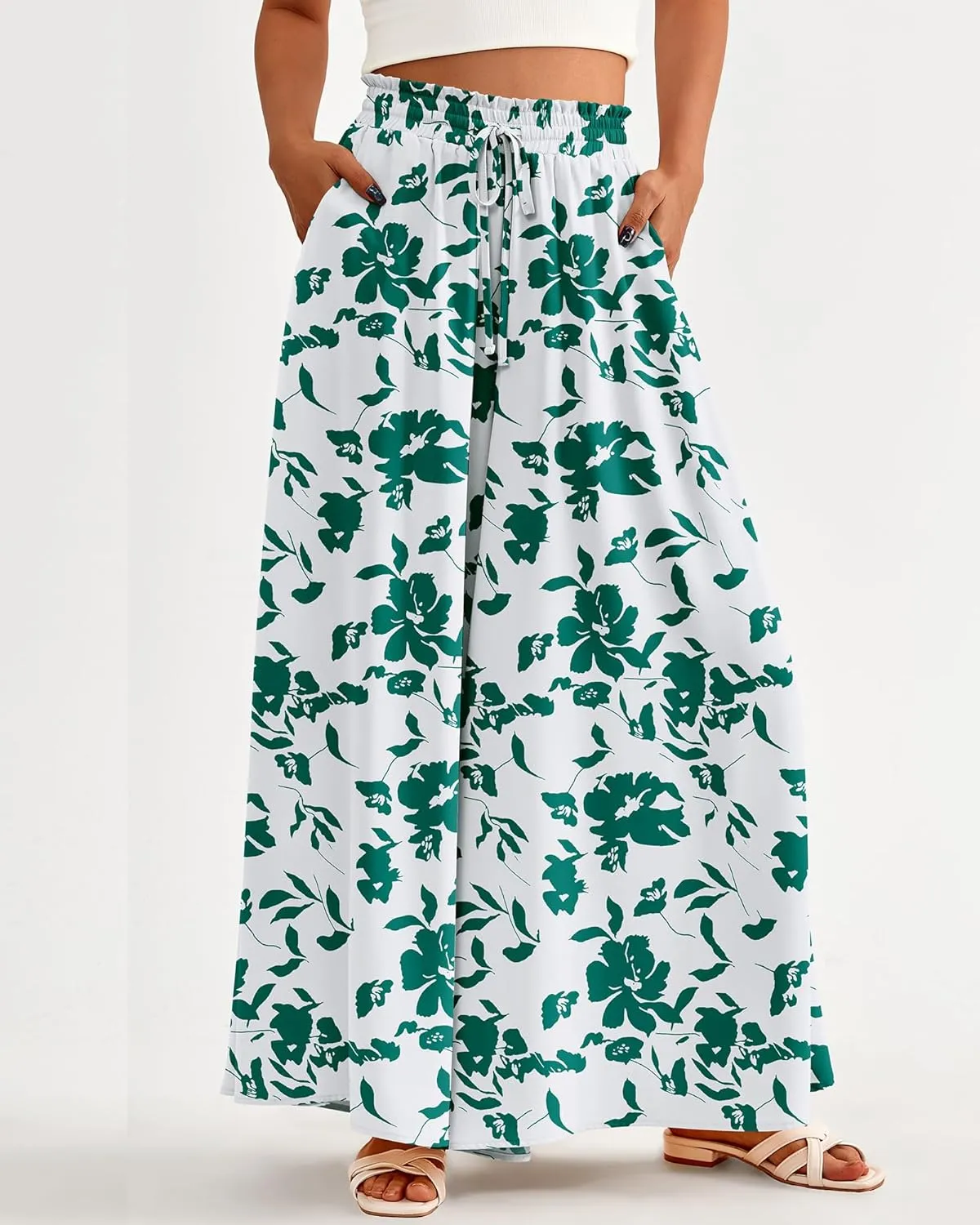BTFBM Women Casual High Waist Wide Leg Pants Summer Floral Solid Long Palazzo Pants Lounge Beach Trousers with Pocket