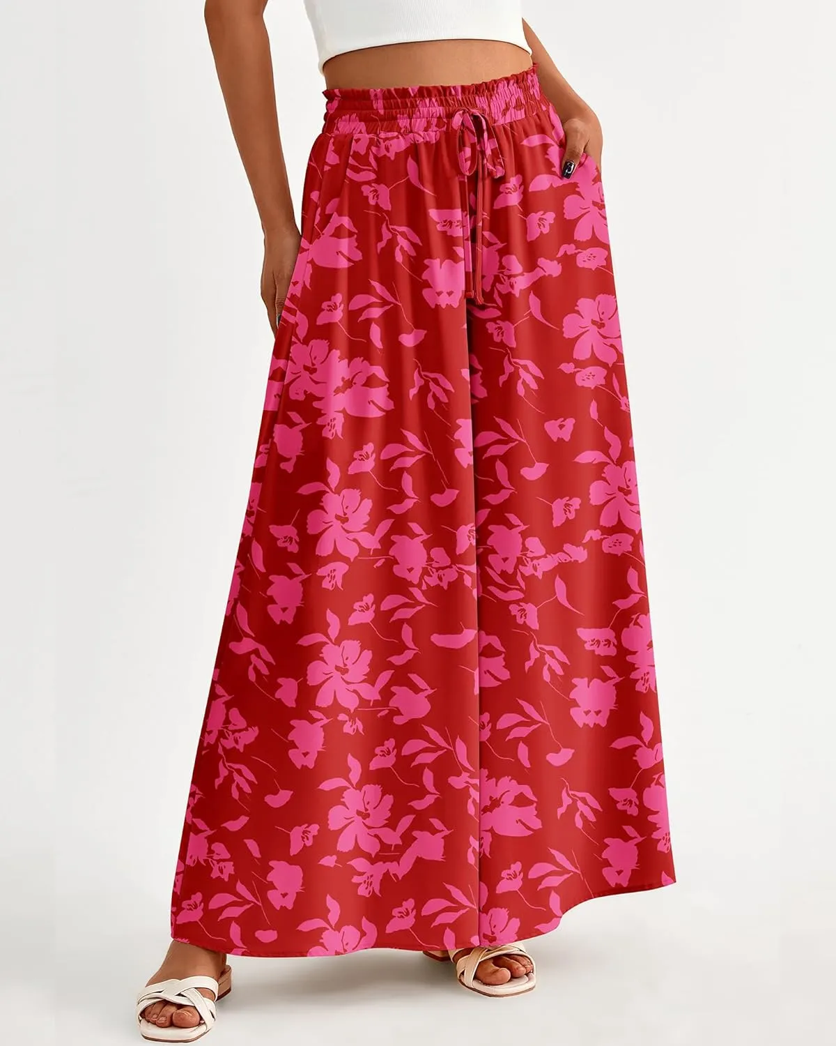 BTFBM Women Casual High Waist Wide Leg Pants Summer Floral Solid Long Palazzo Pants Lounge Beach Trousers with Pocket