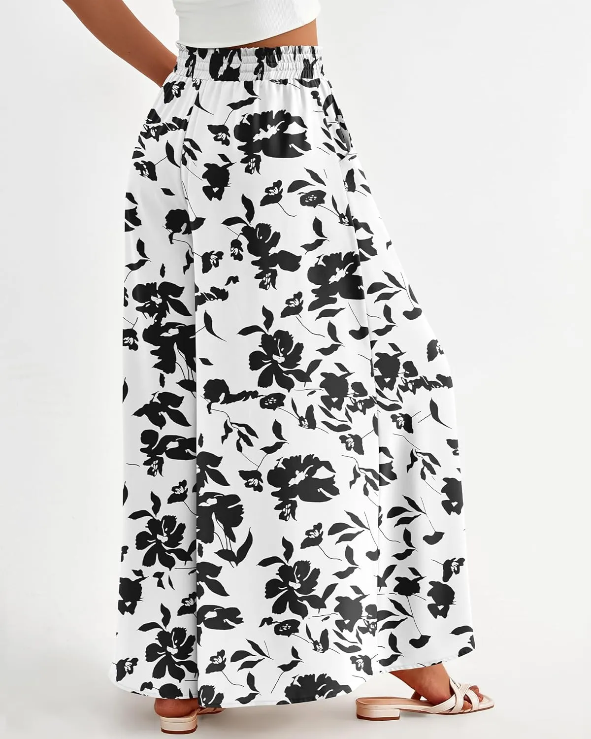 BTFBM Women Casual High Waist Wide Leg Pants Summer Floral Solid Long Palazzo Pants Lounge Beach Trousers with Pocket