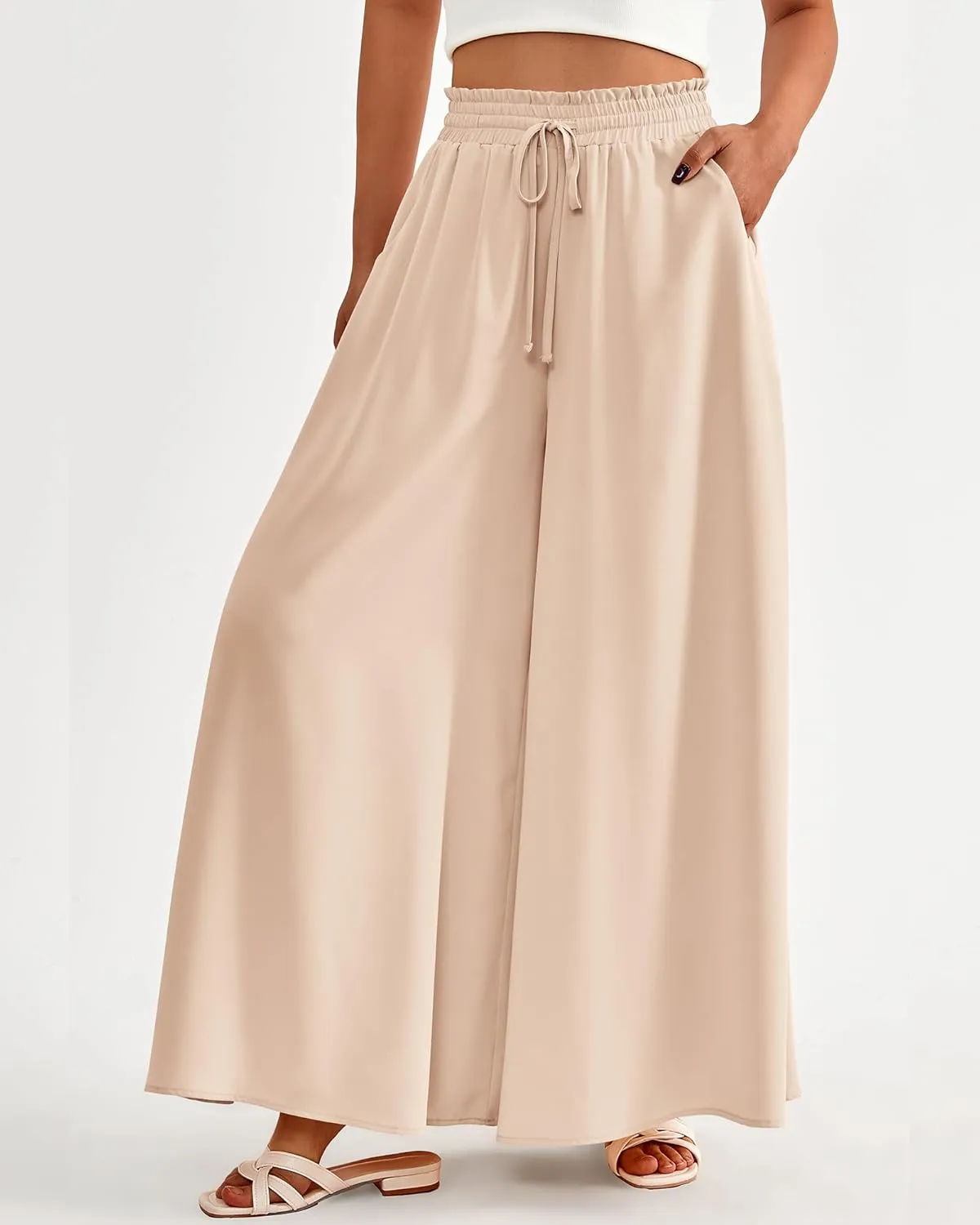 BTFBM Women Casual High Waist Wide Leg Pants Summer Floral Solid Long Palazzo Pants Lounge Beach Trousers with Pocket