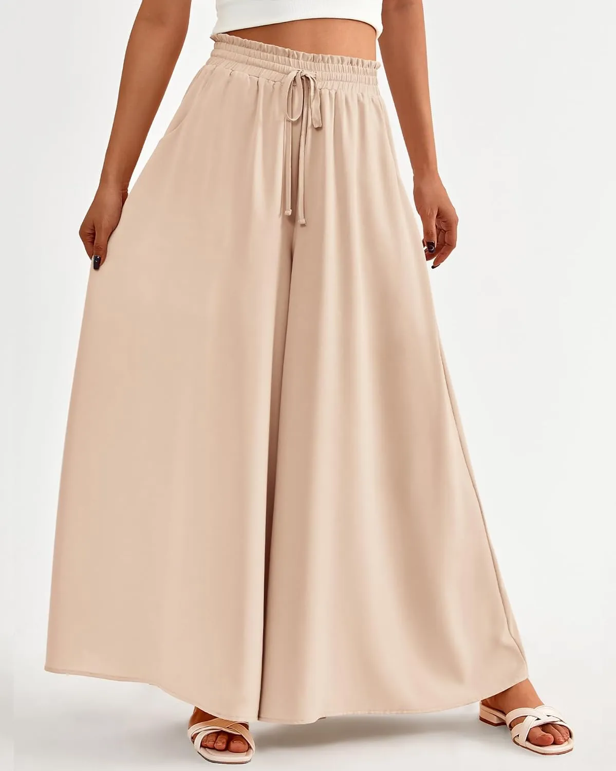 BTFBM Women Casual High Waist Wide Leg Pants Summer Floral Solid Long Palazzo Pants Lounge Beach Trousers with Pocket