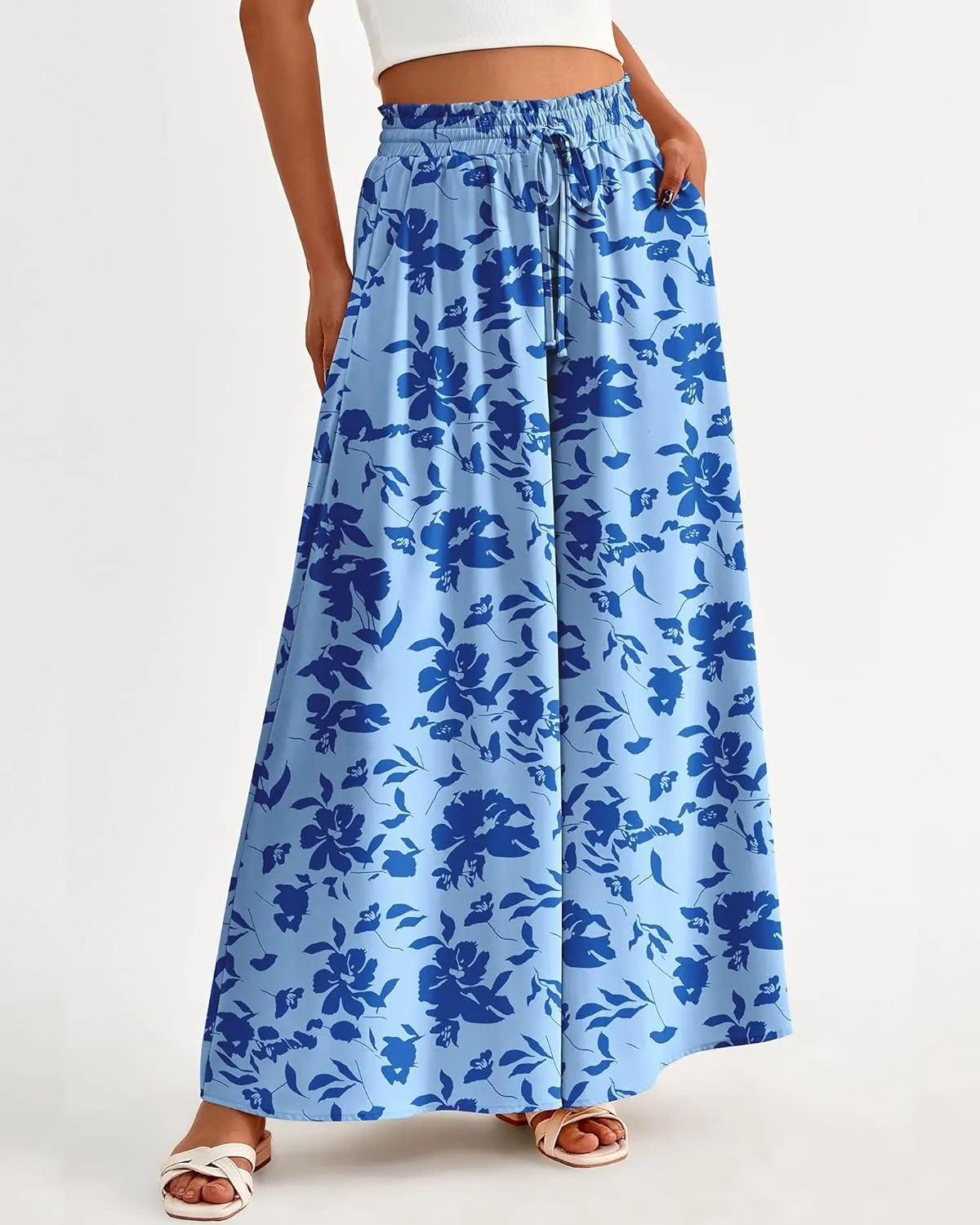 BTFBM Women Casual High Waist Wide Leg Pants Summer Floral Solid Long Palazzo Pants Lounge Beach Trousers with Pocket