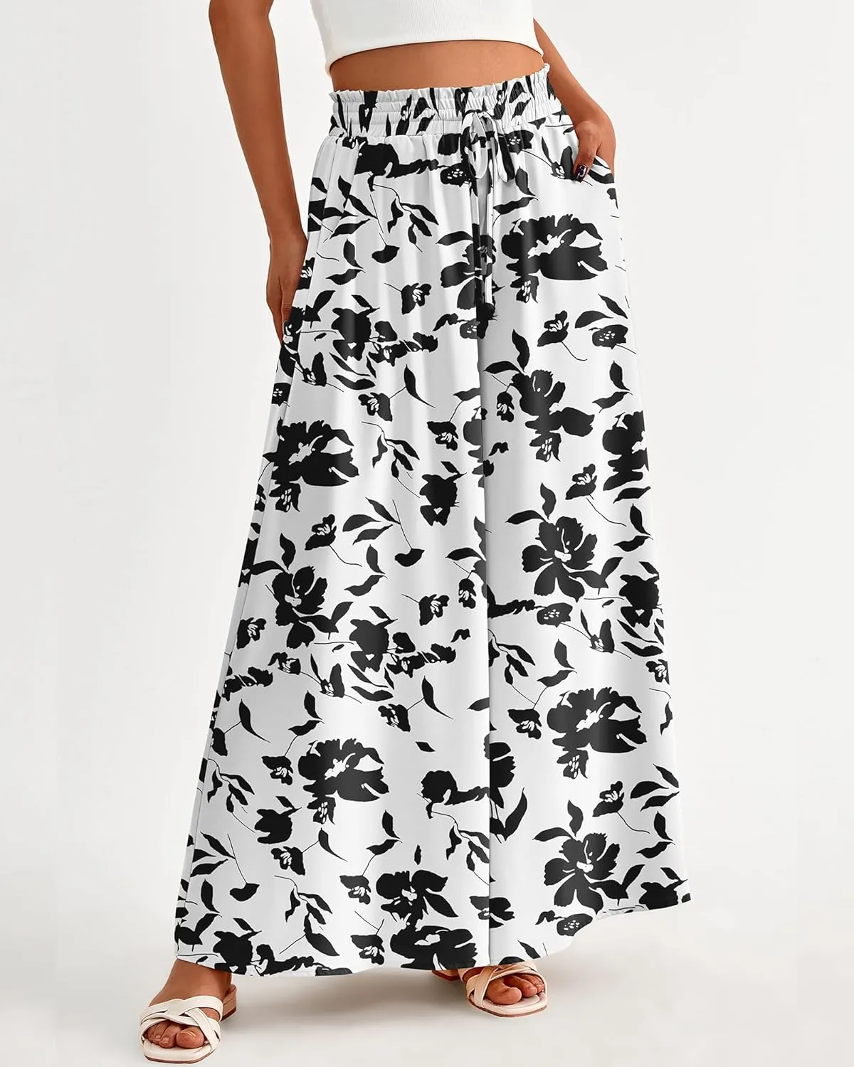 BTFBM Women Casual High Waist Wide Leg Pants Summer Floral Solid Long Palazzo Pants Lounge Beach Trousers with Pocket