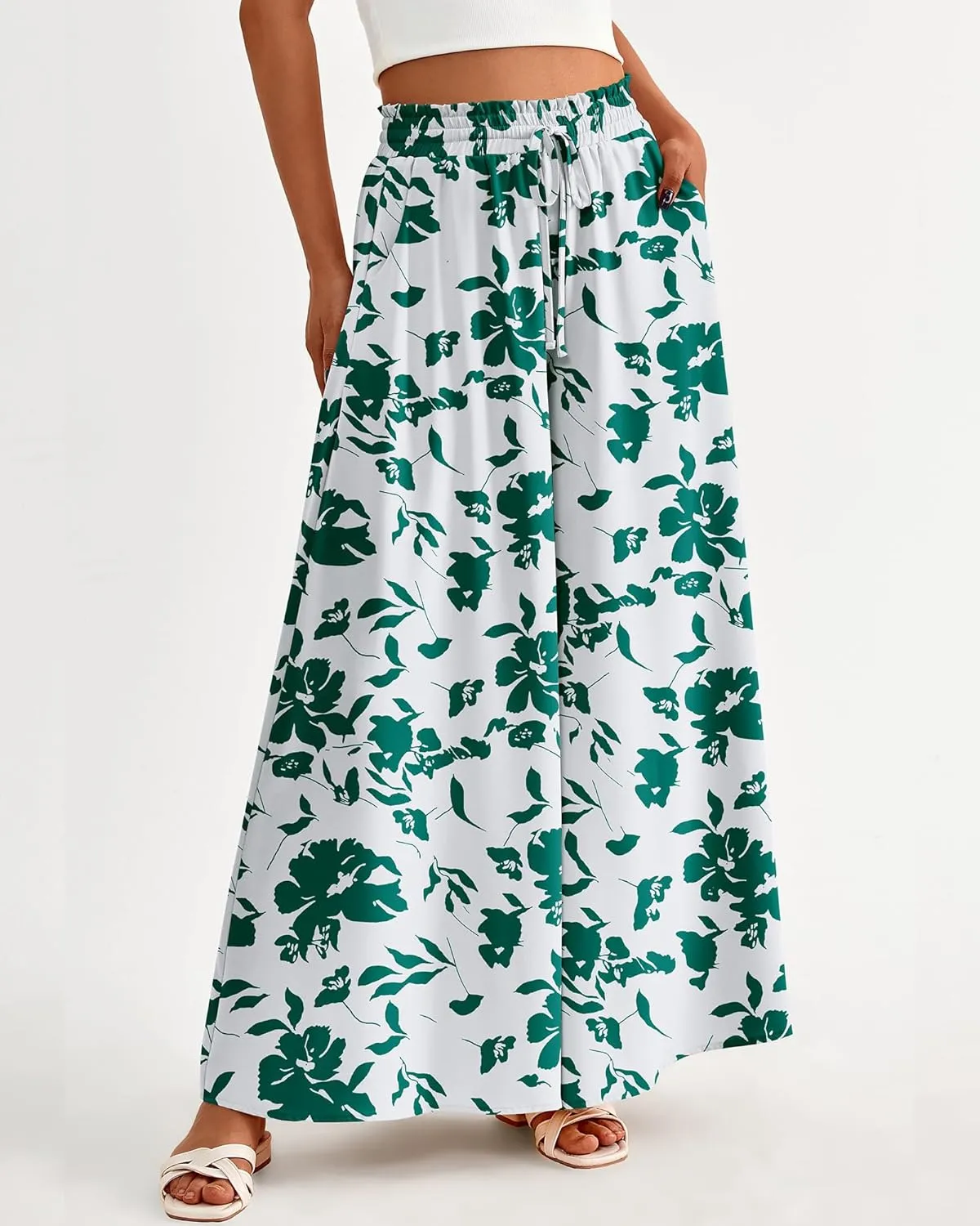 BTFBM Women Casual High Waist Wide Leg Pants Summer Floral Solid Long Palazzo Pants Lounge Beach Trousers with Pocket