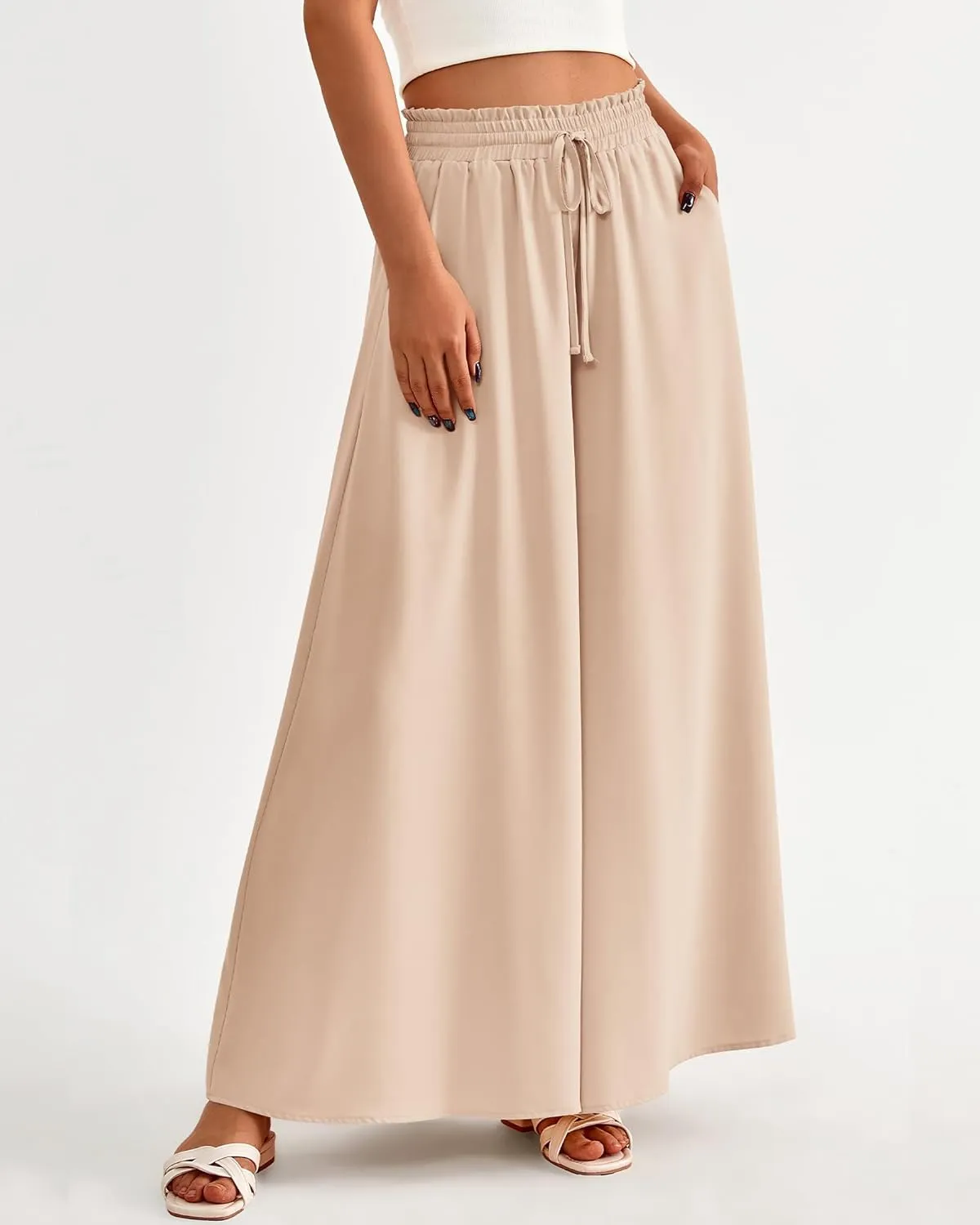BTFBM Women Casual High Waist Wide Leg Pants Summer Floral Solid Long Palazzo Pants Lounge Beach Trousers with Pocket