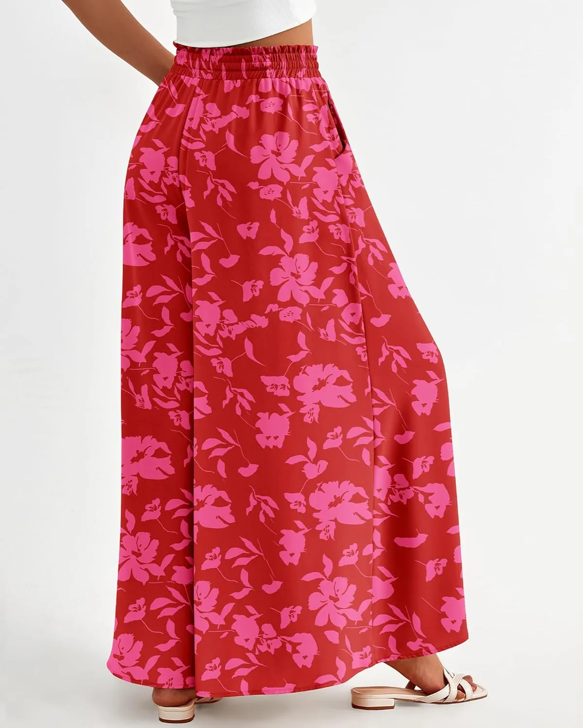 BTFBM Women Casual High Waist Wide Leg Pants Summer Floral Solid Long Palazzo Pants Lounge Beach Trousers with Pocket