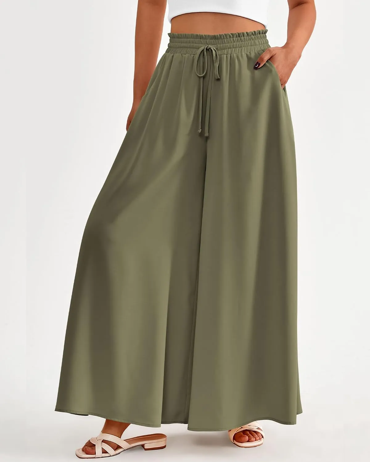 BTFBM Women Casual High Waist Wide Leg Pants Summer Floral Solid Long Palazzo Pants Lounge Beach Trousers with Pocket