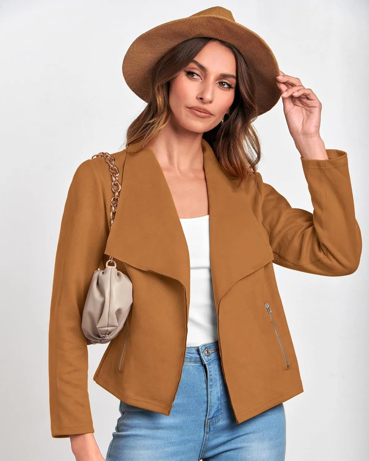 BTFBM Womens Faux Suede Jackets Dressy Spring Summer Clothes 2025 Lapel Long Sleeve Open Front Cropped Outerwear Coats