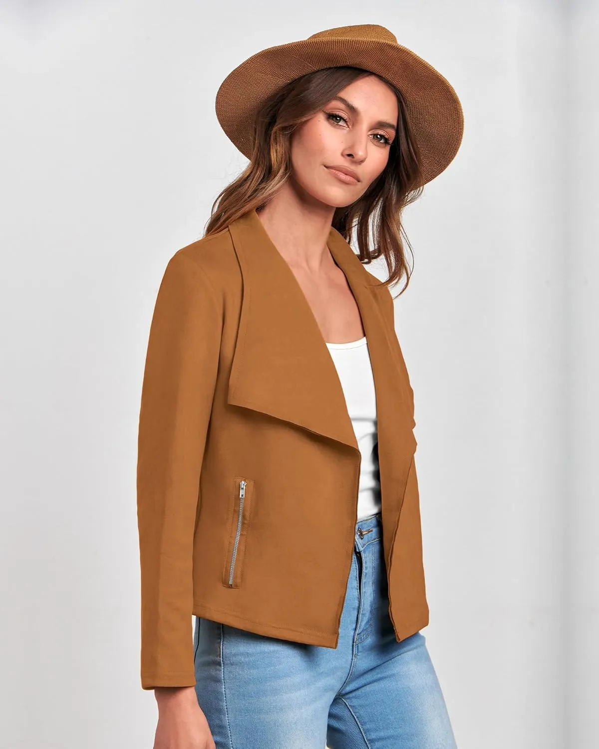 BTFBM Womens Faux Suede Jackets Dressy Spring Summer Clothes 2025 Lapel Long Sleeve Open Front Cropped Outerwear Coats
