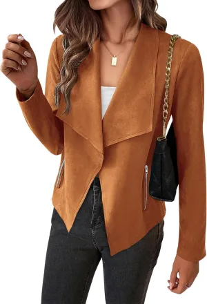 BTFBM Womens Faux Suede Jackets Dressy Spring Summer Clothes 2025 Lapel Long Sleeve Open Front Cropped Outerwear Coats