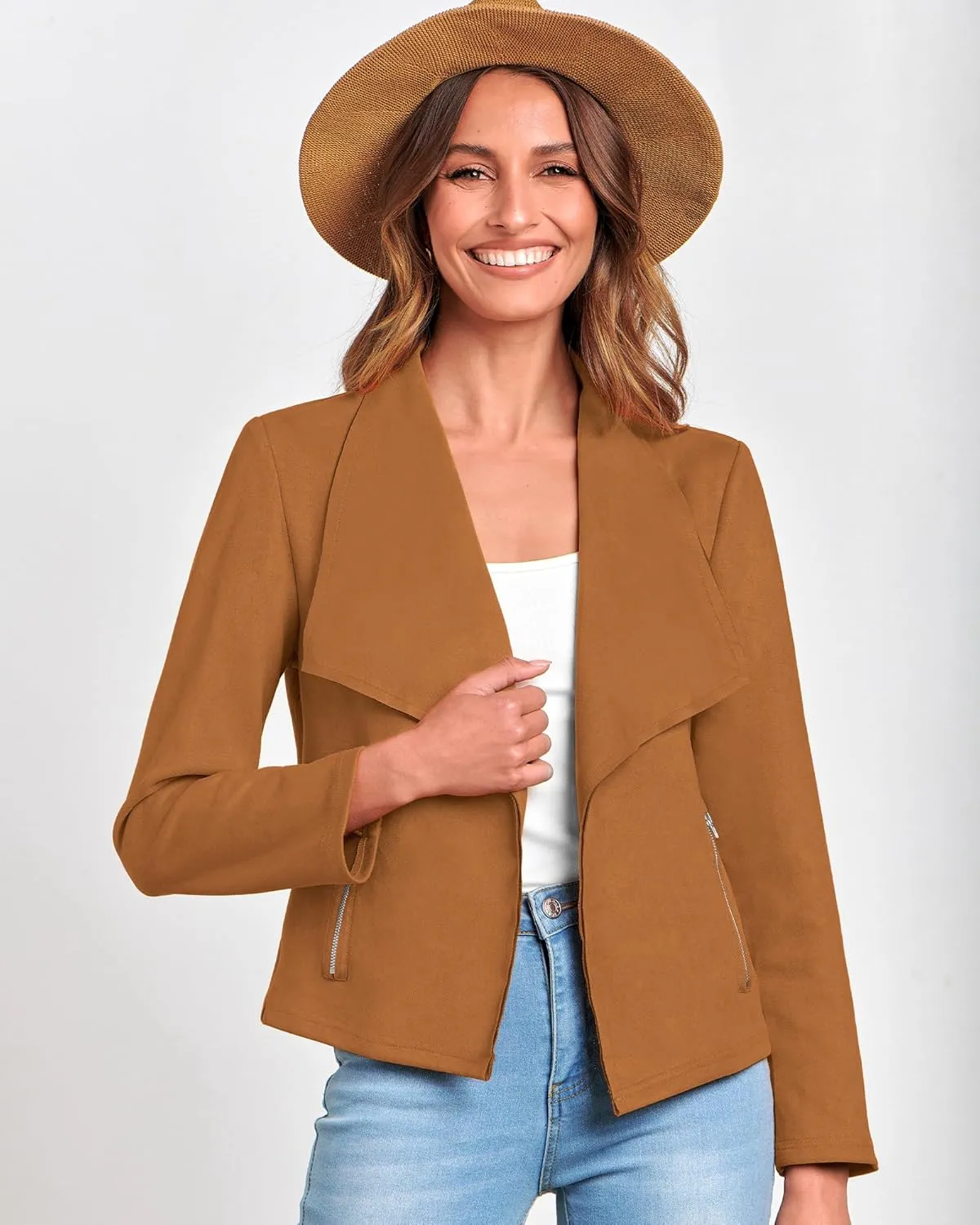 BTFBM Womens Faux Suede Jackets Dressy Spring Summer Clothes 2025 Lapel Long Sleeve Open Front Cropped Outerwear Coats