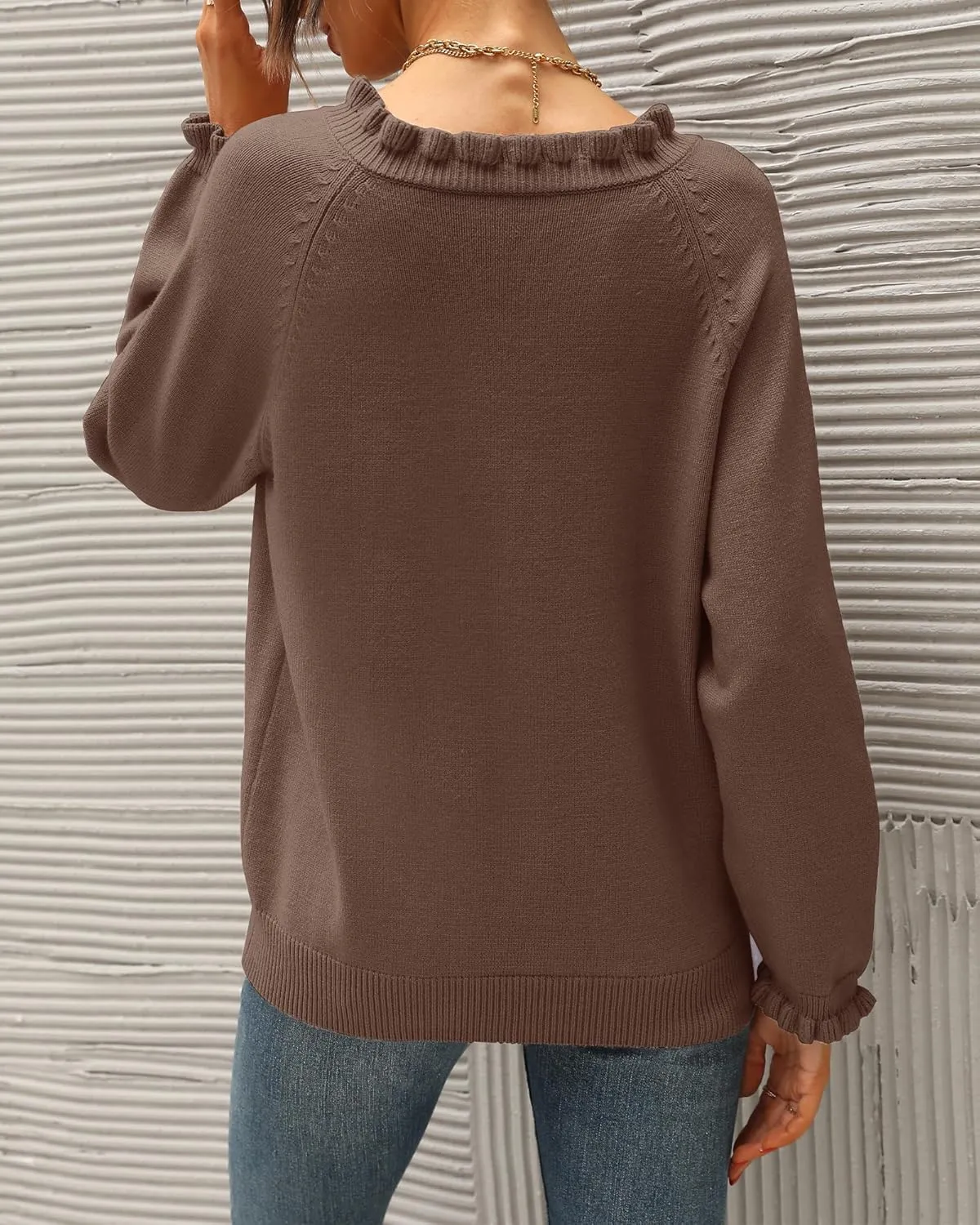 BTFBM Womens Sweaters Fall Winter Clothes 2025 Long Sleeve Button Down Ruffle Crew Neck Casual Knitted Pullover Tops
